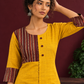 Mustard Yellow Cotton Kurta with Contrast Ajrakh Striped Yoke Panel & Coordinated Sleeve Cuffs — styled view