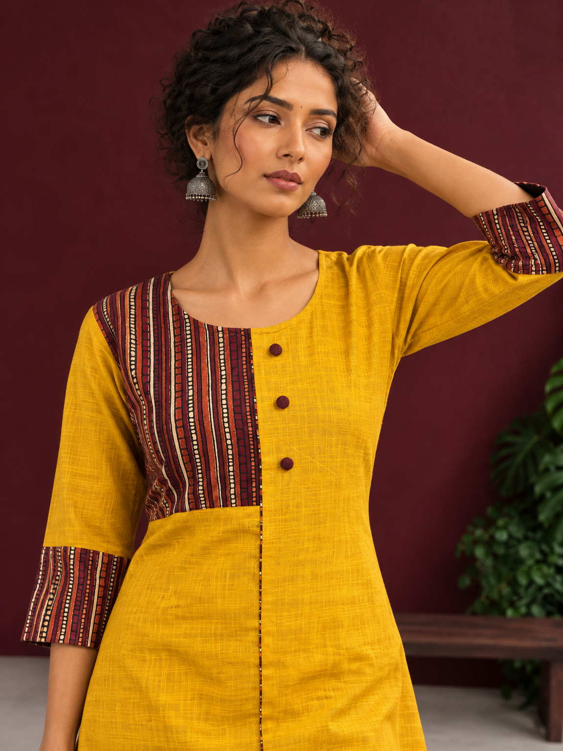 Mustard Yellow Cotton Kurta with Contrast Ajrakh Striped Yoke Panel & Coordinated Sleeve Cuffs — styled view