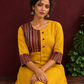 Mustard Yellow Cotton Kurta with Contrast Ajrakh Striped Yoke Panel & Coordinated Sleeve Cuffs — seated detail