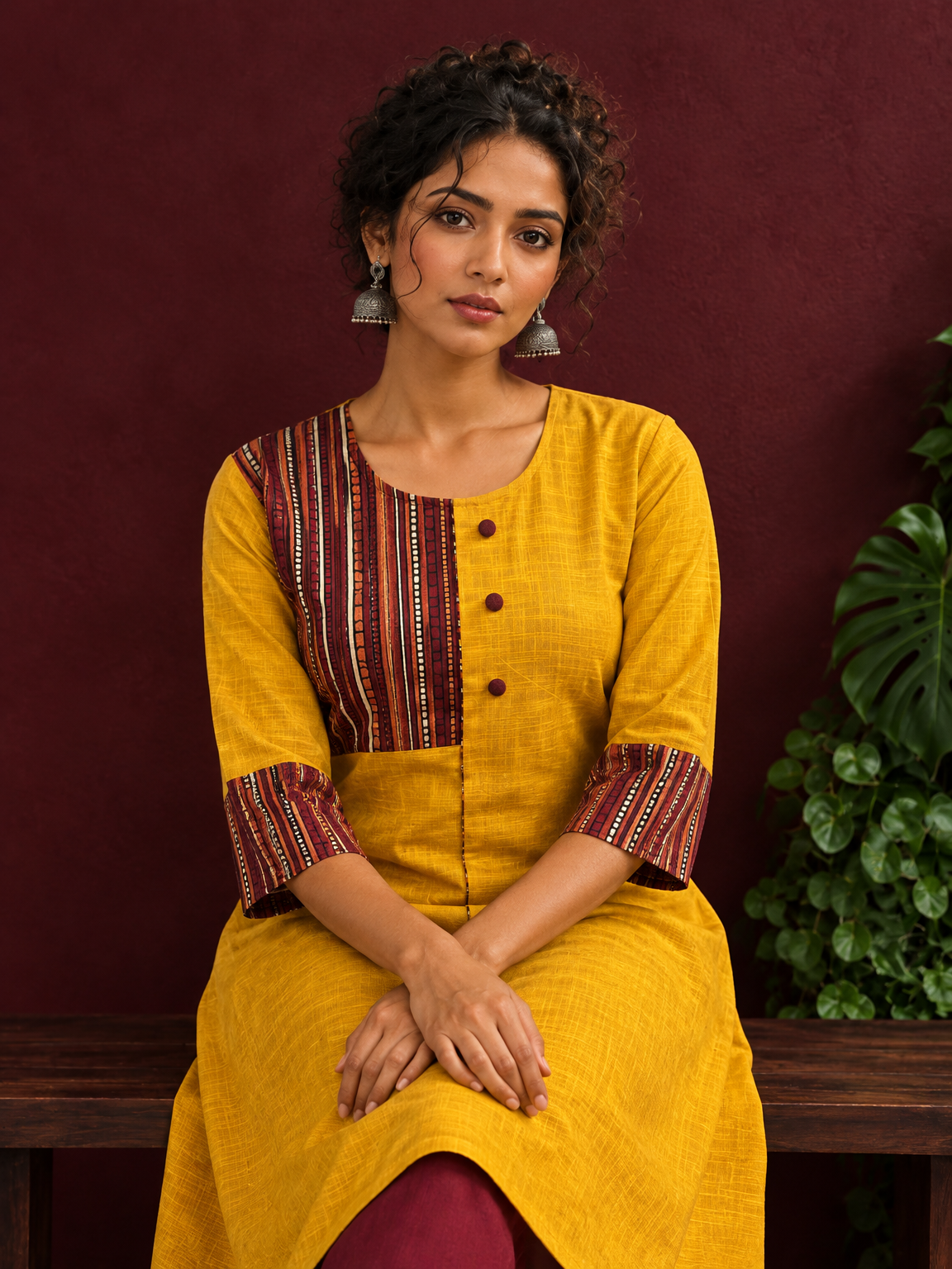 Mustard Yellow Cotton Kurta with Contrast Ajrakh Striped Yoke Panel & Coordinated Sleeve Cuffs — seated detail
