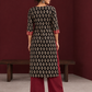 Elegant Black Cotton Ajrakh Kurta with Maroon Contrast Piping, Buttons & Ajrakh Floral Motif Print — back view