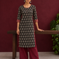 Elegant Black Cotton Ajrakh Kurta with Maroon Contrast Piping, Buttons & Ajrakh Floral Motif Print — front view