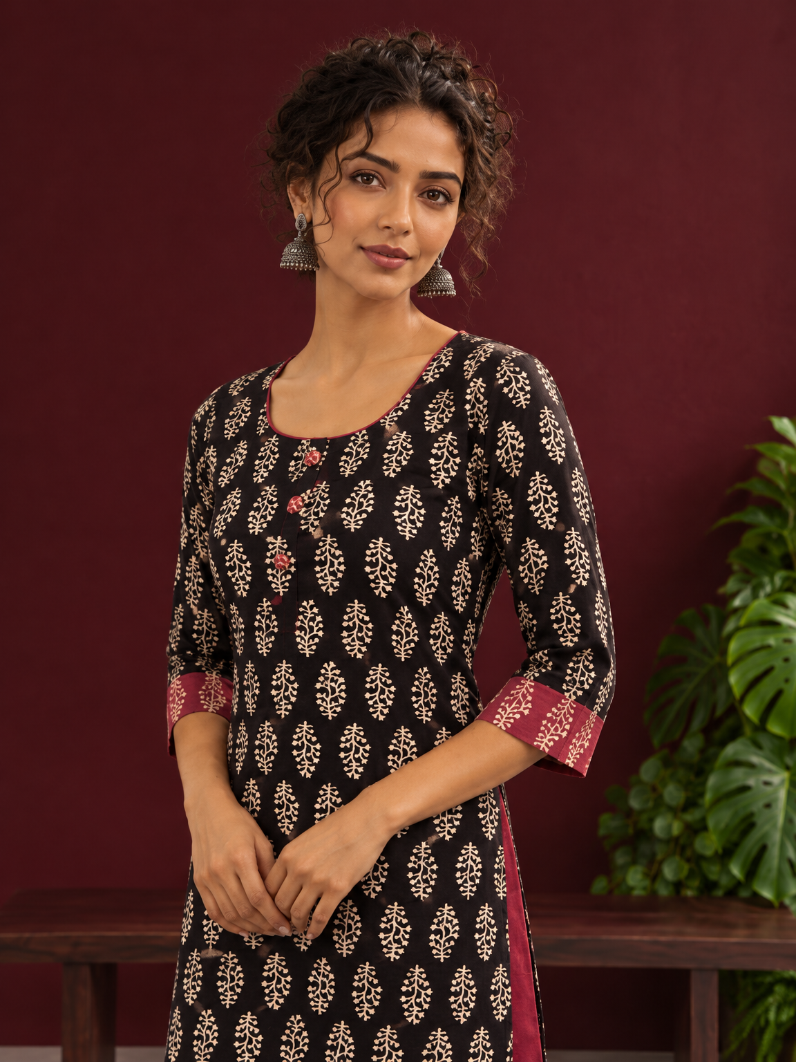 Elegant Black Cotton Ajrakh Kurta with Maroon Contrast Piping, Buttons & Ajrakh Floral Motif Print — styled view