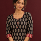 Elegant Black Cotton Ajrakh Kurta with Maroon Contrast Piping, Buttons & Ajrakh Floral Motif Print — fabric detail