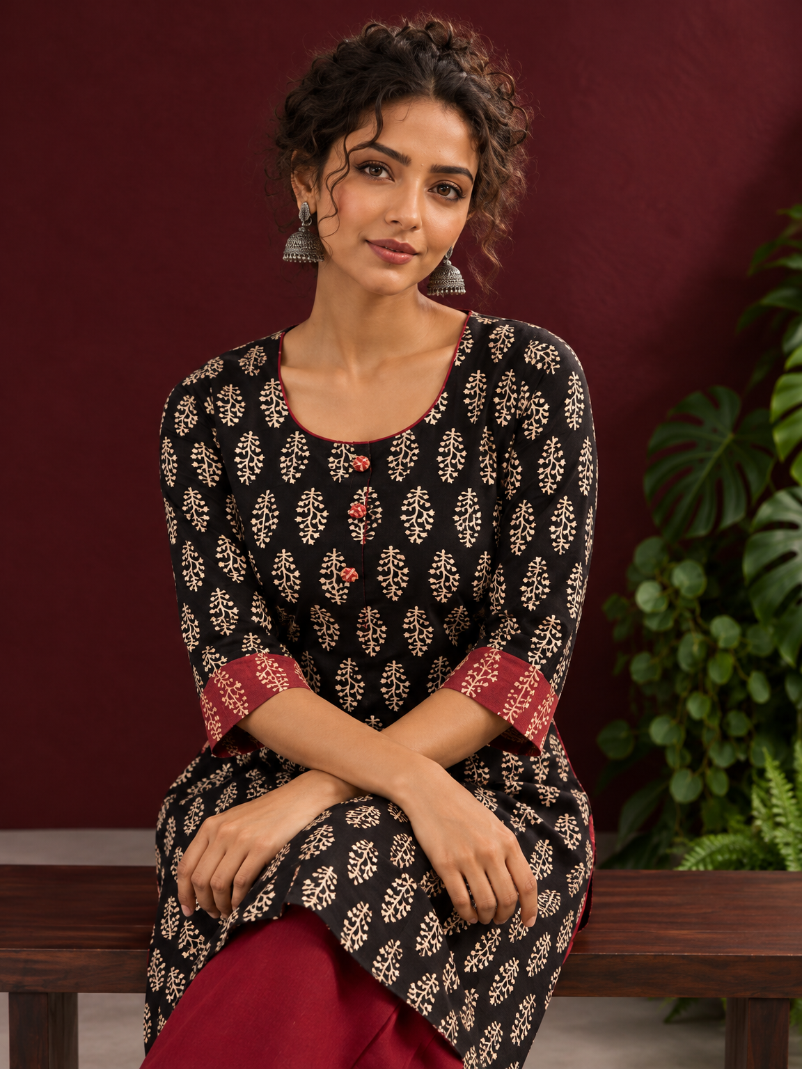 Elegant Black Cotton Ajrakh Kurta with Maroon Contrast Piping, Buttons & Ajrakh Floral Motif Print — seated detail