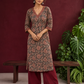 Black Cotton Ajrakh Print Kurta with Maroon Paisley Motifs and Contrast V-Neck Border — front view