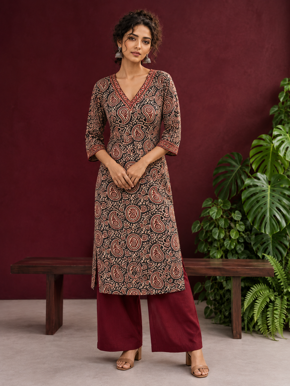 Black Cotton Ajrakh Print Kurta with Maroon Paisley Motifs and Contrast V-Neck Border — front view