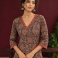 Black Cotton Ajrakh Print Kurta with Maroon Paisley Motifs and Contrast V-Neck Border — fabric detail
