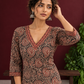 Black Cotton Ajrakh Print Kurta with Maroon Paisley Motifs and Contrast V-Neck Border — styled view