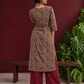 Black Cotton Ajrakh Print Kurta with Maroon Paisley Motifs and Contrast V-Neck Border — back view