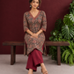 Black Cotton Ajrakh Print Kurta with Maroon Paisley Motifs and Contrast V-Neck Border — seated
