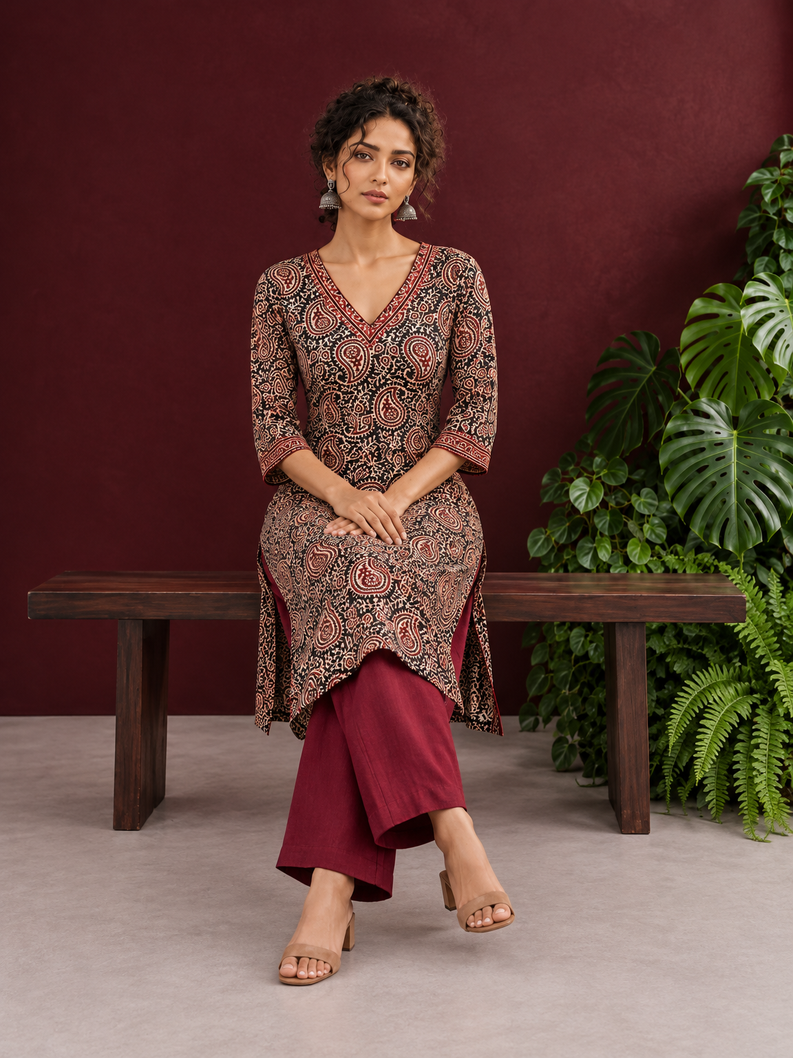 Black Cotton Ajrakh Print Kurta with Maroon Paisley Motifs and Contrast V-Neck Border — seated