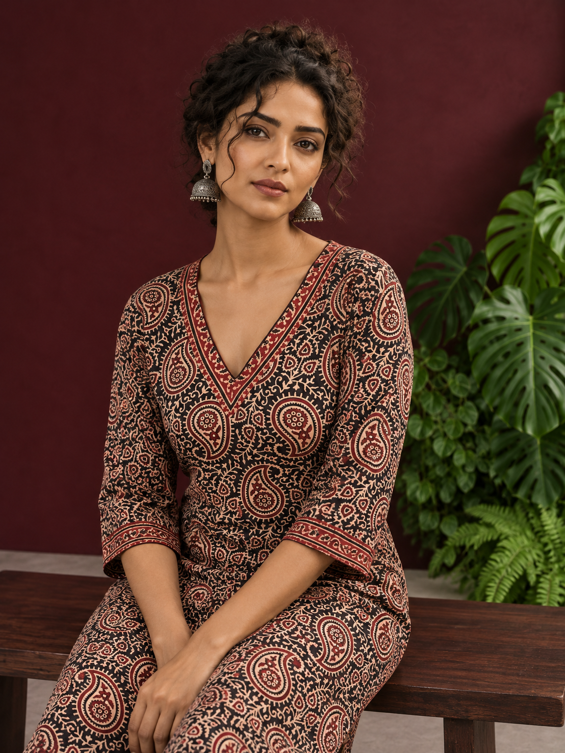 Black Cotton Ajrakh Print Kurta with Maroon Paisley Motifs and Contrast V-Neck Border — seated detail