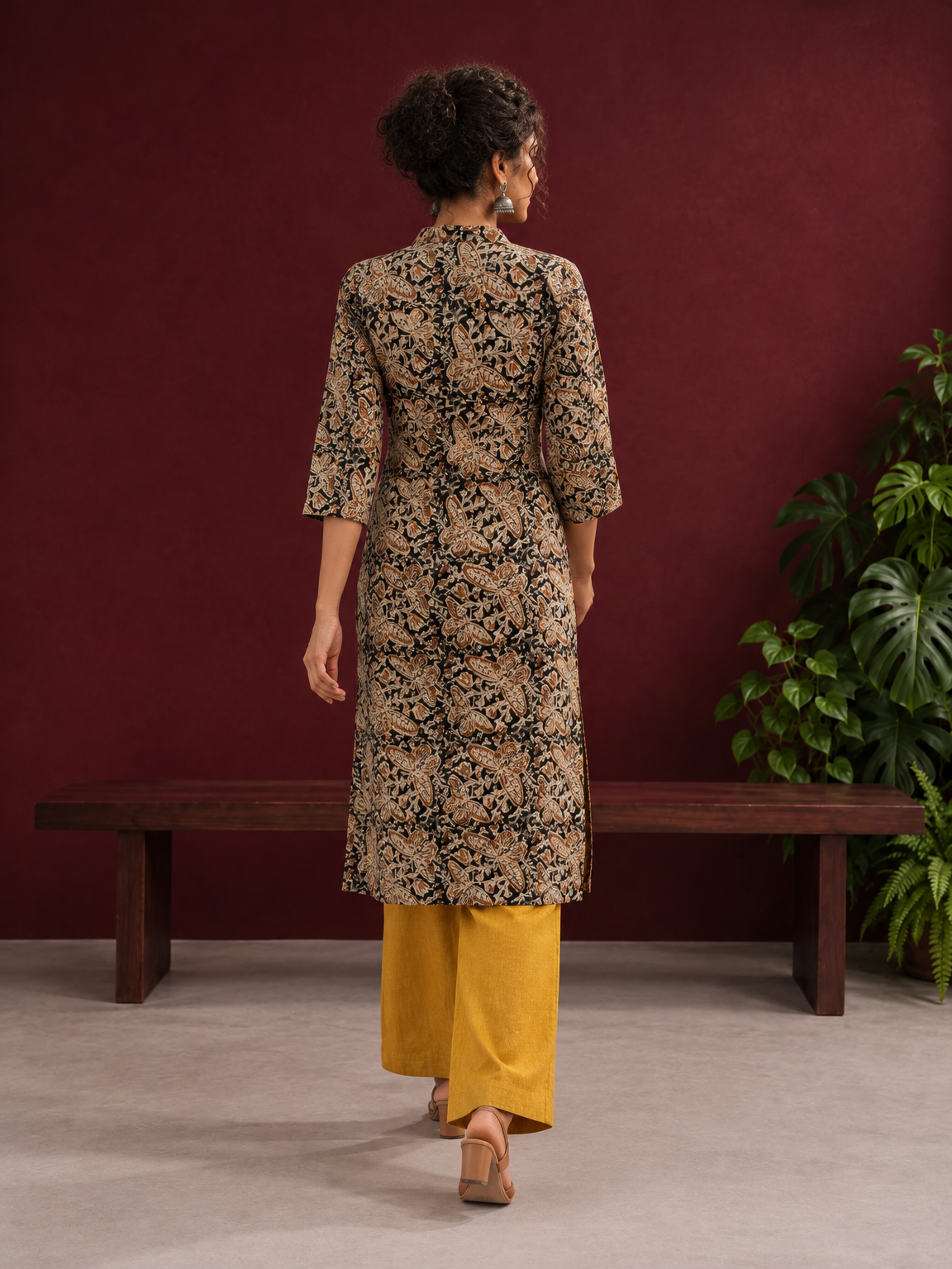 Mustard and Black Cotton Ajrakh Print Kurta with Mandarin Collar with Cuff Notch Slit finished — back view