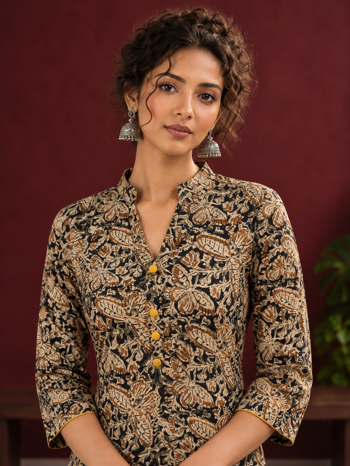 Mustard and Black Cotton Ajrakh Print Kurta with Mandarin Collar with Cuff Notch Slit finished — fabric detail