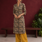 Mustard and Black Cotton Ajrakh Print Kurta with Mandarin Collar with Cuff Notch Slit finished — front view