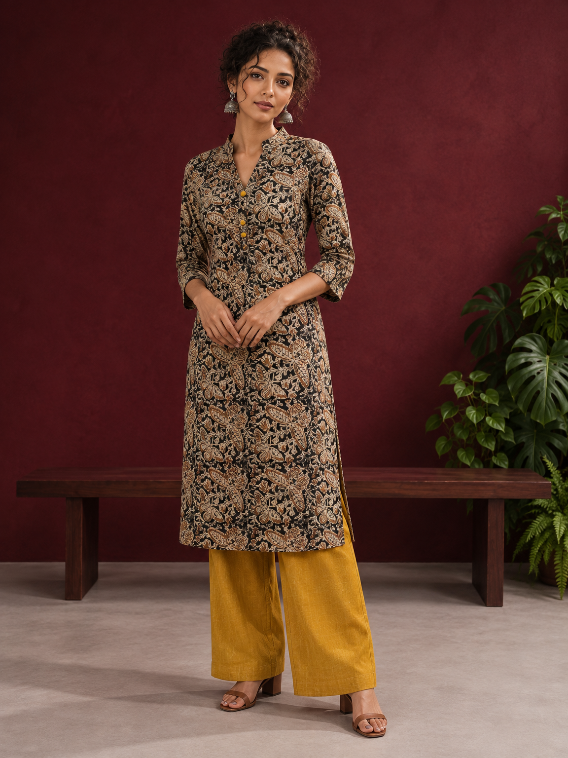 Mustard and Black Cotton Ajrakh Print Kurta with Mandarin Collar with Cuff Notch Slit finished — front view