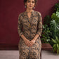 Mustard and Black Cotton Ajrakh Print Kurta with Mandarin Collar with Cuff Notch Slit finished — seated detail