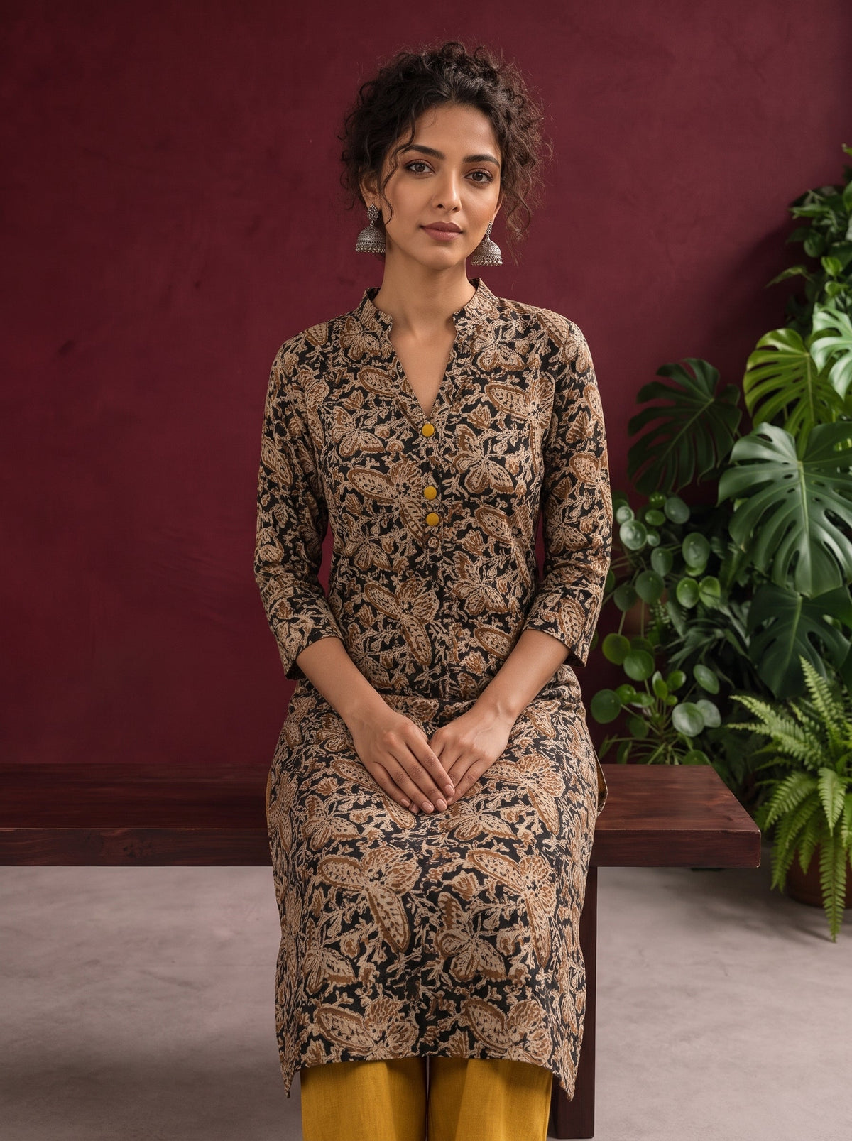 Mustard and Black Cotton Ajrakh Print Kurta with Mandarin Collar with Cuff Notch Slit finished — seated detail