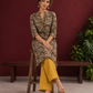 Mustard and Black Cotton Ajrakh Print Kurta with Mandarin Collar with Cuff Notch Slit finished — seated