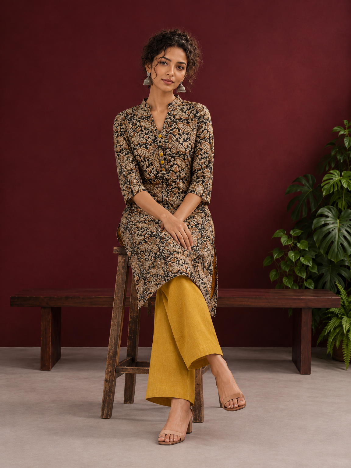 Mustard and Black Cotton Ajrakh Print Kurta with Mandarin Collar with Cuff Notch Slit finished — seated
