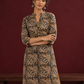 Mustard and Black Cotton Ajrakh Print Kurta with Mandarin Collar with Cuff Notch Slit finished — styled view