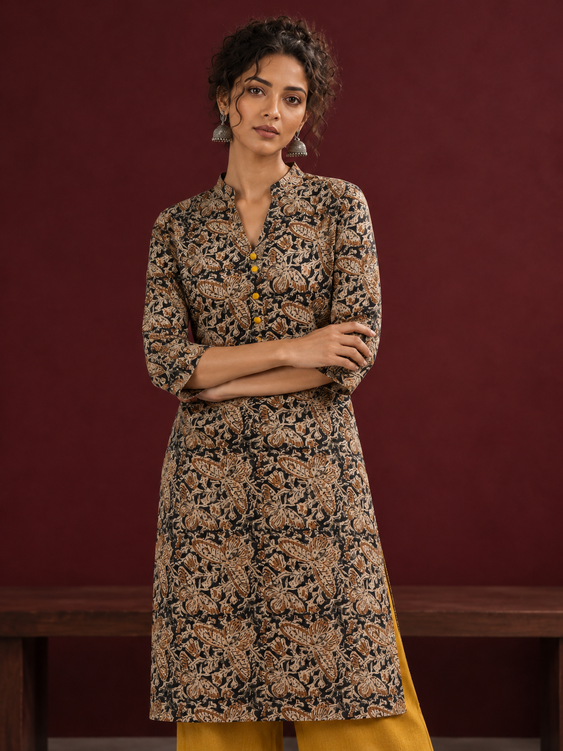 Mustard and Black Cotton Ajrakh Print Kurta with Mandarin Collar with Cuff Notch Slit finished — styled view