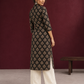 Elegant Black Cotton Kurta with Floral Block Print and Contrast Collar Piping — back view