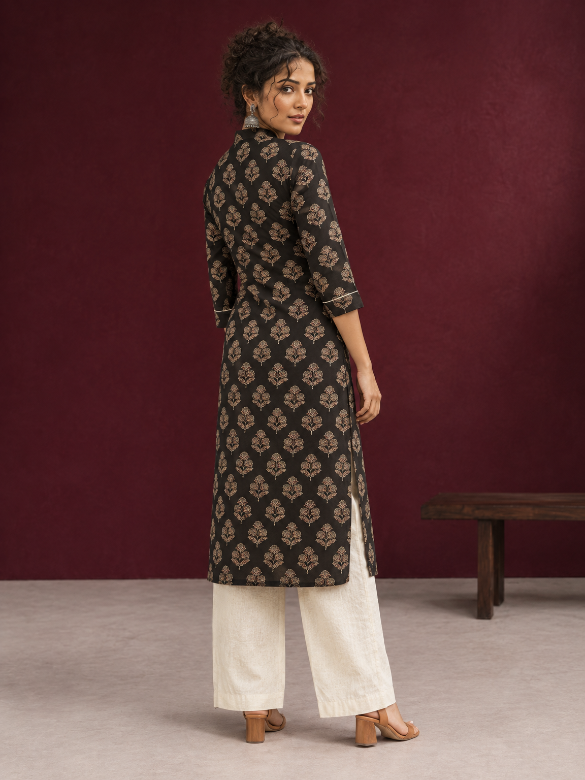 Elegant Black Cotton Kurta with Floral Block Print and Contrast Collar Piping — back view