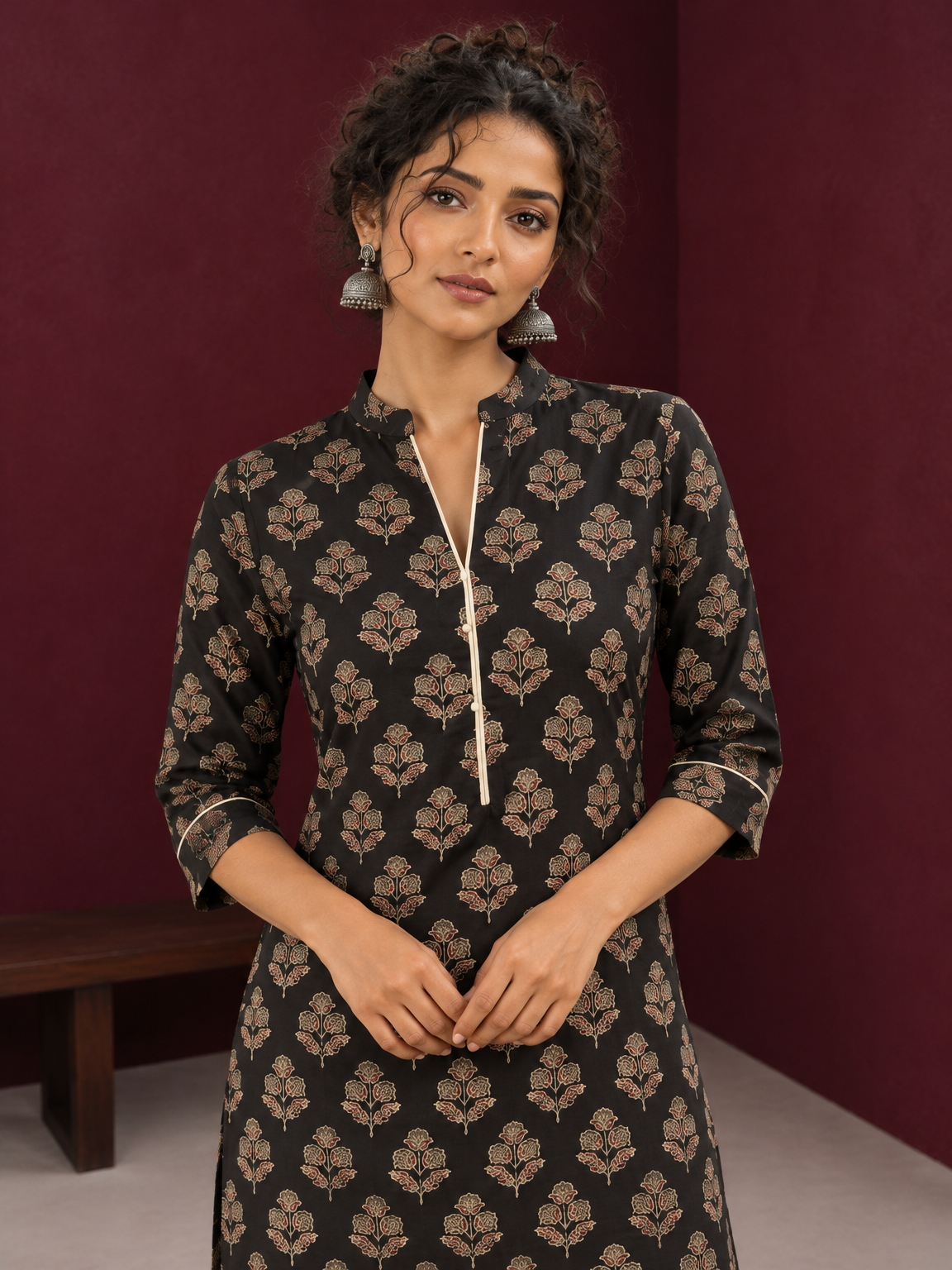 Elegant Black Cotton Kurta with Floral Block Print and Contrast Collar Piping — fabric detail