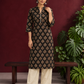 Elegant Black Cotton Kurta with Floral Block Print and Contrast Collar Piping — front view