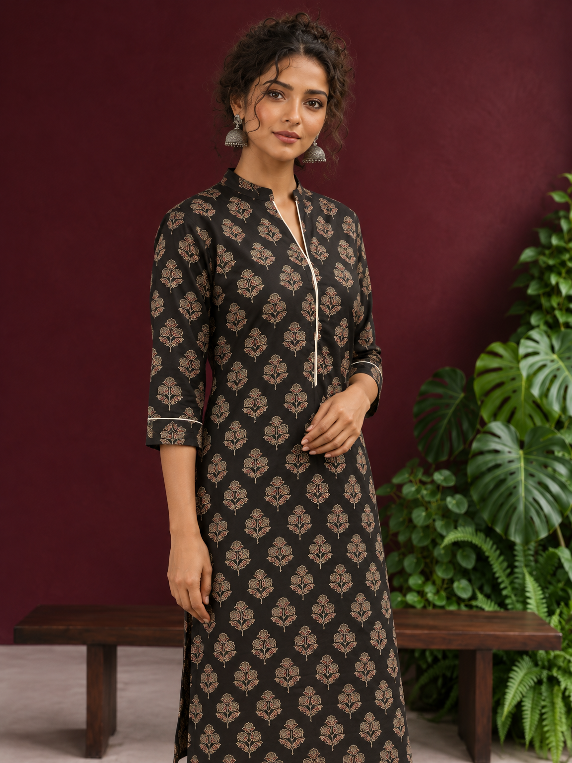 Elegant Black Cotton Kurta with Floral Block Print and Contrast Collar Piping — styled view