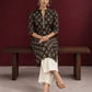 Elegant Black Cotton Kurta with Floral Block Print and Contrast Collar Piping — seated