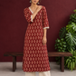 Maroon Cotton Ajrakh Kurta with Floral Motif Block Print and Crochet Lace V-Neck & Sleeve Cuffs — front view
