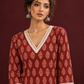 Maroon Cotton Ajrakh Kurta with Floral Motif Block Print and Crochet Lace V-Neck & Sleeve Cuffs — fabric detail
