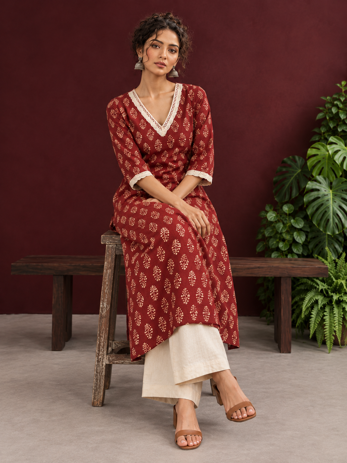 Maroon Cotton Ajrakh Kurta with Floral Motif Block Print and Crochet Lace V-Neck & Sleeve Cuffs — seated
