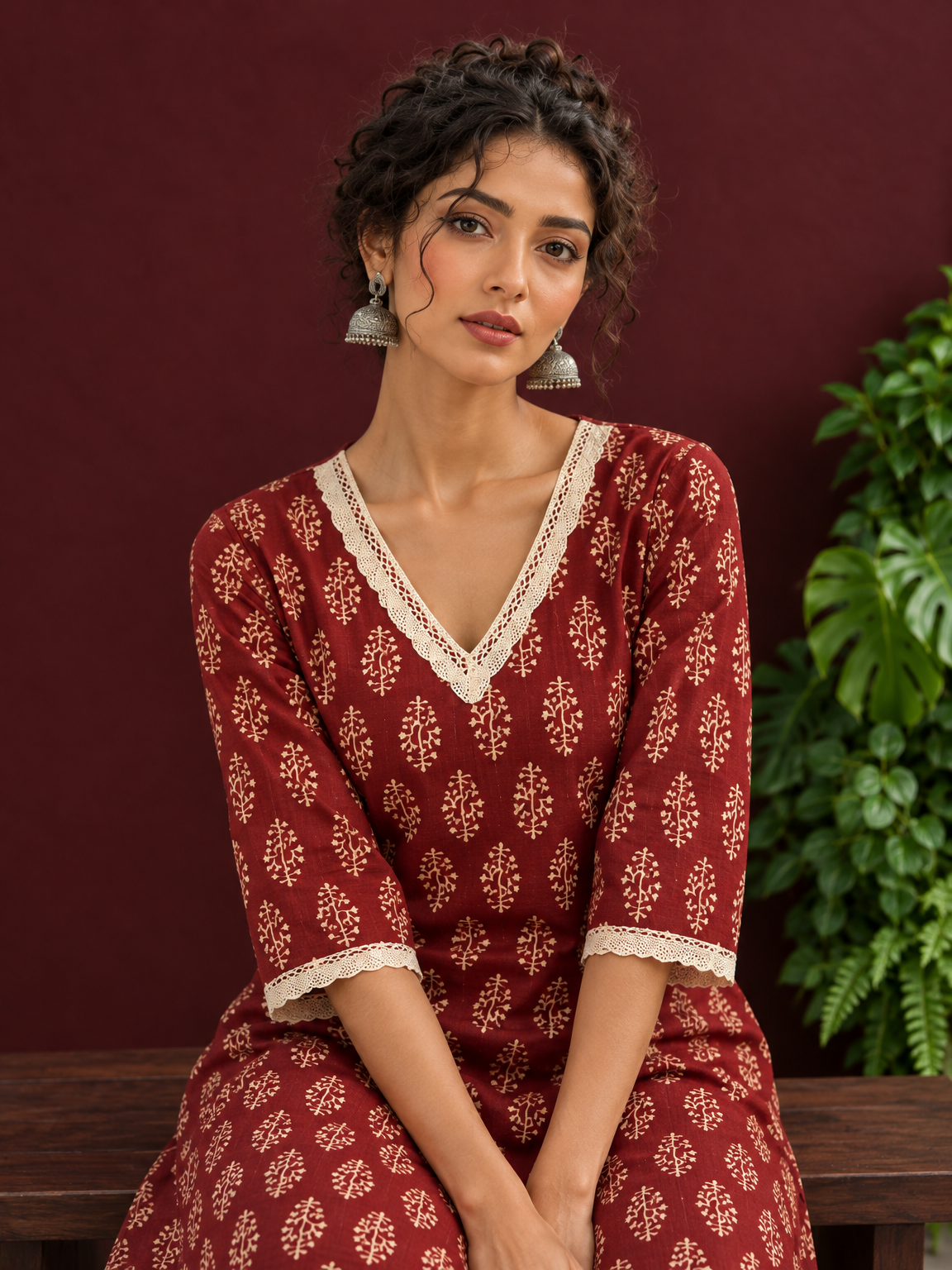 Maroon Cotton Ajrakh Kurta with Floral Motif Block Print and Crochet Lace V-Neck & Sleeve Cuffs — seated detail