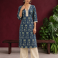 Elegant Indigo Blue Cotton Kurta with Floral Block Print and Crochet Lace V-Neck Trim — front view