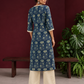 Elegant Indigo Blue Cotton Kurta with Floral Block Print and Crochet Lace V-Neck Trim — back view