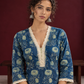 Elegant Indigo Blue Cotton Kurta with Floral Block Print and Crochet Lace V-Neck Trim — fabric detail