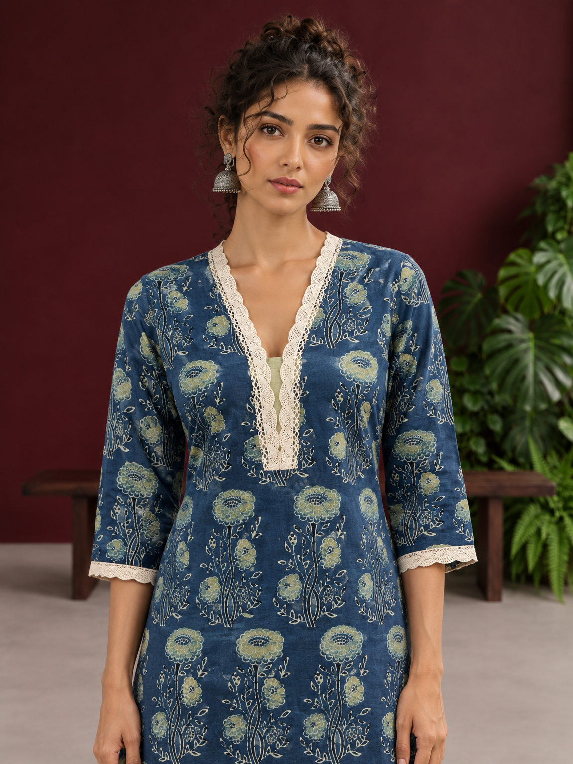 Elegant Indigo Blue Cotton Kurta with Floral Block Print and Crochet Lace V-Neck Trim — styled view
