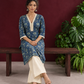 Elegant Indigo Blue Cotton Kurta with Floral Block Print and Crochet Lace V-Neck Trim — seated