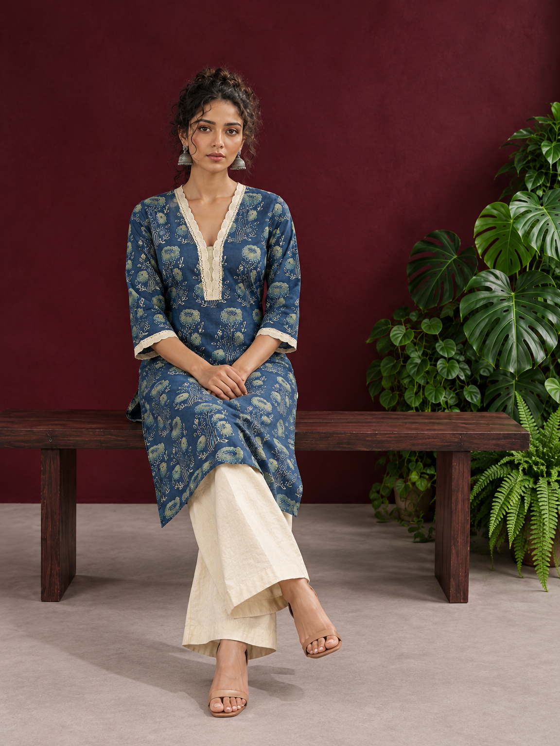 Elegant Indigo Blue Cotton Kurta with Floral Block Print and Crochet Lace V-Neck Trim — seated