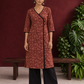 Maroon Cotton Kurta with Ajrakh Floral Print, Black Contrast Binding & Angrakha Style Wrap Front — front view