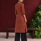 Maroon Cotton Kurta with Ajrakh Floral Print, Black Contrast Binding & Angrakha Style Wrap Front — back view