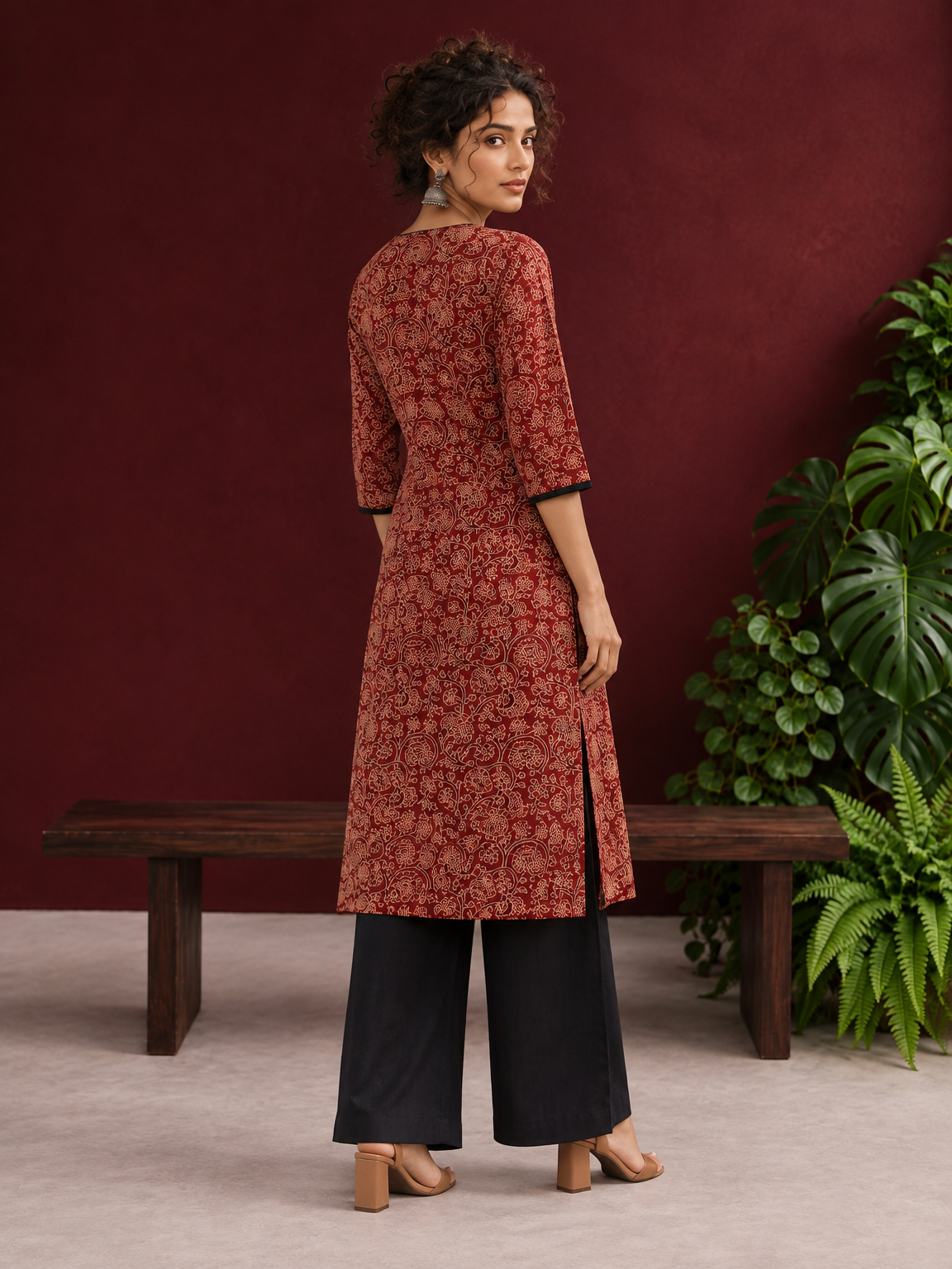 Maroon Cotton Kurta with Ajrakh Floral Print, Black Contrast Binding & Angrakha Style Wrap Front — back view
