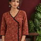 Maroon Cotton Kurta with Ajrakh Floral Print, Black Contrast Binding & Angrakha Style Wrap Front — fabric detail
