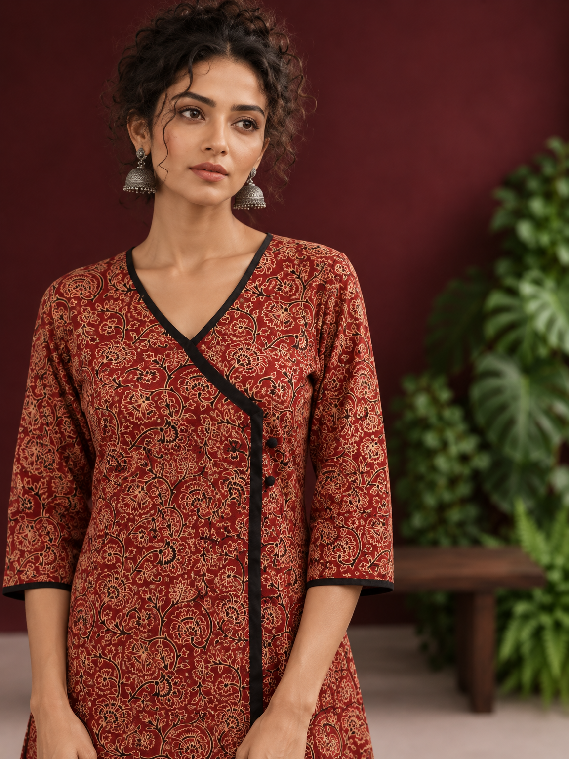 Maroon Cotton Kurta with Ajrakh Floral Print, Black Contrast Binding & Angrakha Style Wrap Front — fabric detail