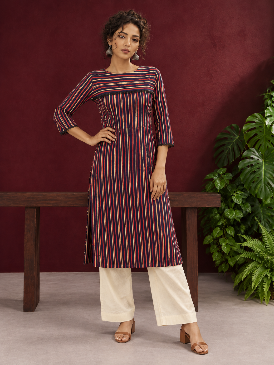 Classic Striped Cotton Kurta with Contrast Yoke Panel & Black Lace Trimmed Cuffs — front view