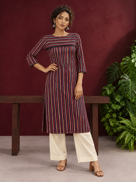 Classic Striped Cotton Kurta with Contrast Yoke Panel & Black Lace Trimmed Cuffs — front view
